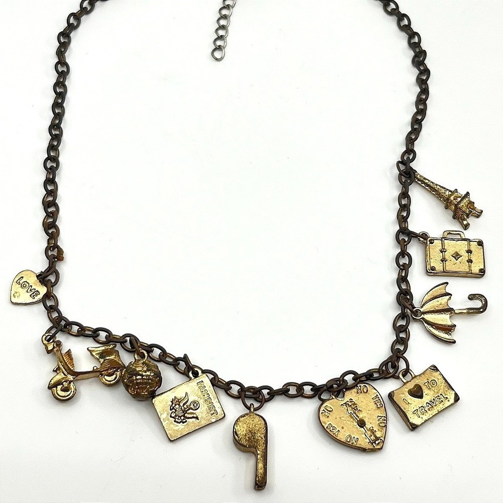 Vintage Gold Tone Travel Vacation Multi Charm Pendant Statement Necklace Boho